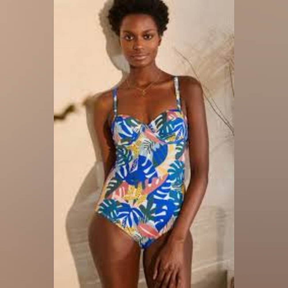 Boden Blue Tropical Leaf Sweetheart One-Piece Swimsuit